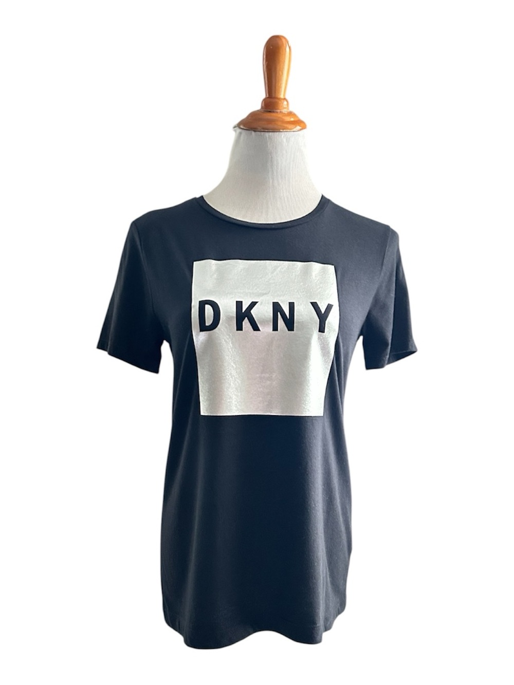 NWOT DKNY Black Tee with White Logo Square Print